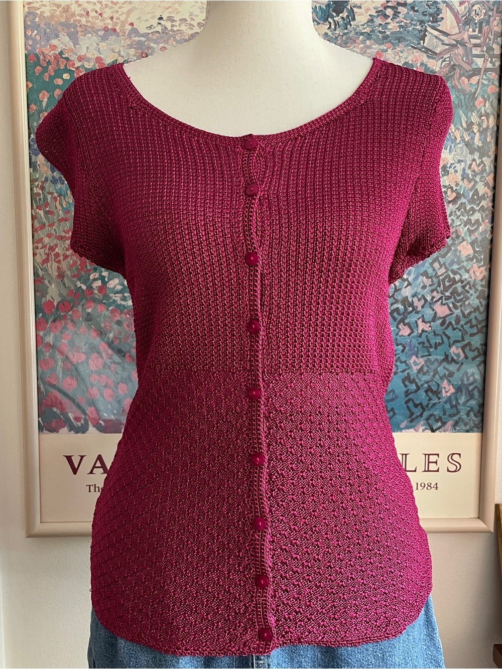 Emma James Knit Top Womens Medium Dark Pink Button Front Dark Academia Coquette